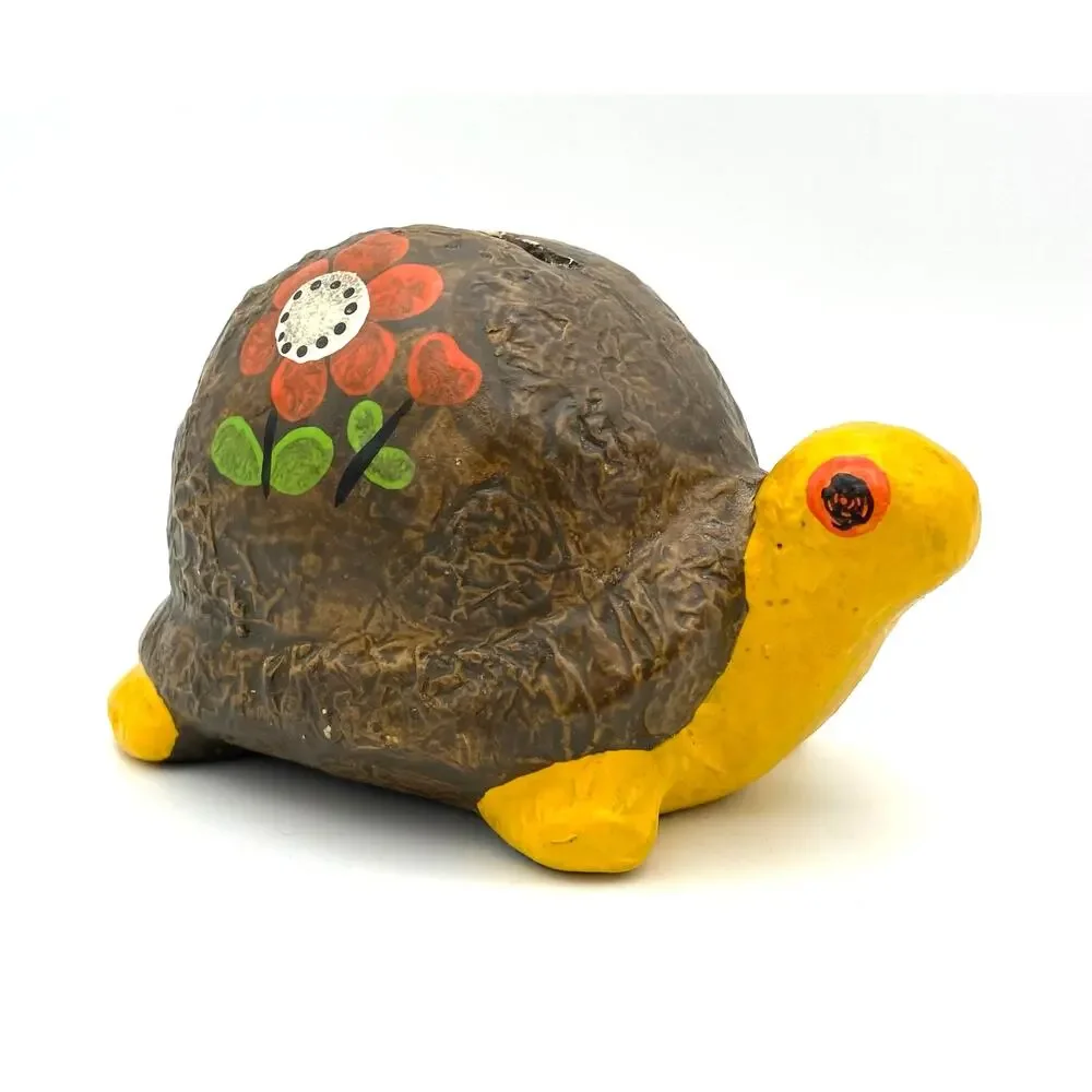 Vintage Ceramic Turtle Coin Bank 1970s Hippie Boho Flowers READ